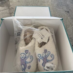 Roller Rabbit White and Blue Monkey Slippers